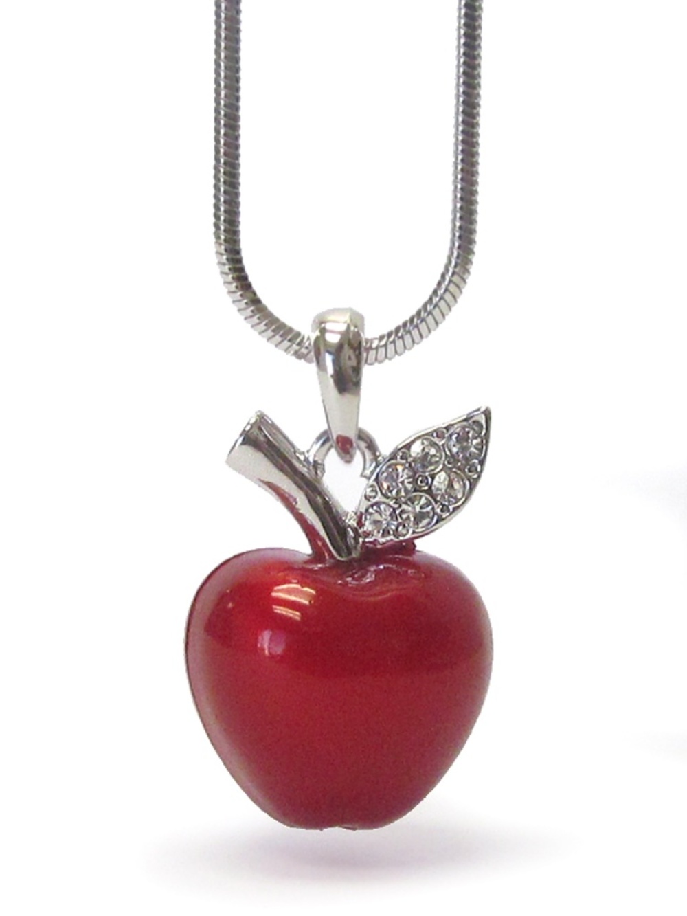 Womens White Gold Plating Epoxy and Crystal Stud Apple Pendant Necklace
